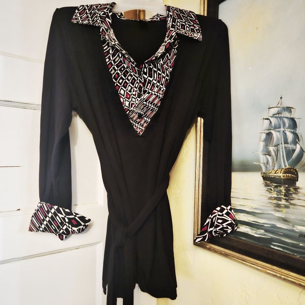 Black Sweater with Geometric Patterned Collar And Cuffs